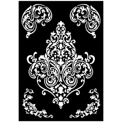 Padrão barroco branco sobre fundo preto com ornamentos simétricos