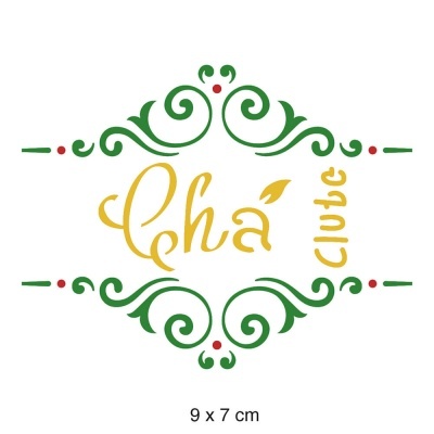 Design gráfico com ornamentos verdes e texto amarelo chá clube