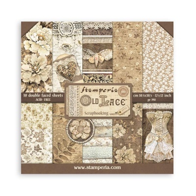 Conjunto de papel para scrapbooking Stamperia Old Lace com padrões florais e rendados em tons bege e castanho