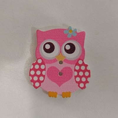 Botão decorativo coruja rosa com coração e flor azul