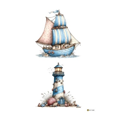 Ilustração de barco de vela e farol azul e branco com conchas ao redor
