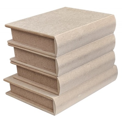 pilha de quatro livros com capas de tecido cru bege