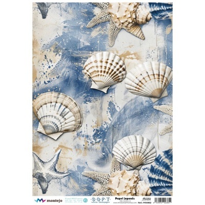 Papel japonês com padrão de conchas e estrelas do mar azul, beige e branco