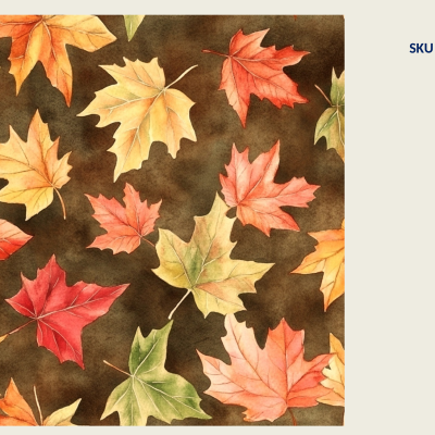 Padrão de folhas de bordo coloridas sobre fundo castanho com texto SKU 2900455