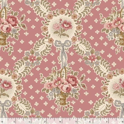 tecido floral rosa com cestos de flores e laços cinzentos