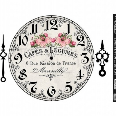 Mostrador de relógio vintage floral com números árabes e ponteiros pretos.