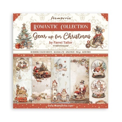 Folhas de scrapbook da coleção de Natal 'Romantic Collection' com ilustrações tradicionais natalícias e textos em inglês.