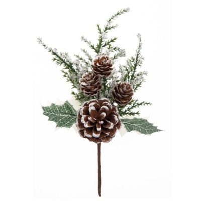 Arranjo decorativo com pinhas e folhas verdes cobertas de neve artificial