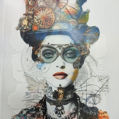 Impressão artística steampunk feminina em tecido com cores azul, laranja e preto