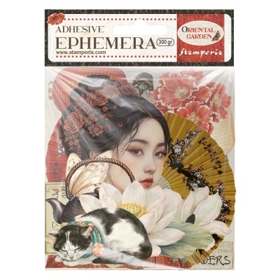 Pacote de ephemera adesivo com ilustração oriental de mulher, flores e gata