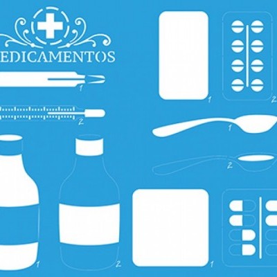 Ilustrações de medicamentos e utensílios médicos sobre fundo azul com texto 'MEDICAMENTOS'