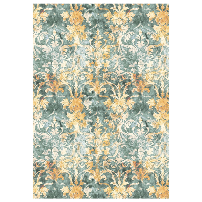 Papel de parede padrão barroco verde, amarelo e bege com textura desgastada