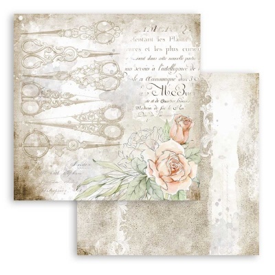 Papel decorativo vintage com desenhos de tesouras, texto em francês e flores em tons suaves