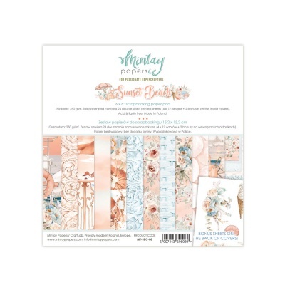 Pack de papéis para scrapbook 6x6 Mintay Papers Sunset Beauty com padrões florais em tons pastel e detalhe de embalagem