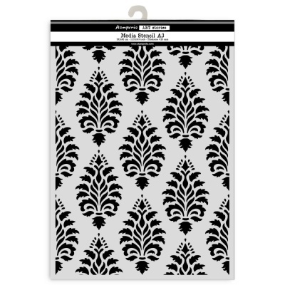 Stencil decorativo padrão barroco em preto e branco, tamanho A3, embalagem com etiqueta Amperia ART stories.