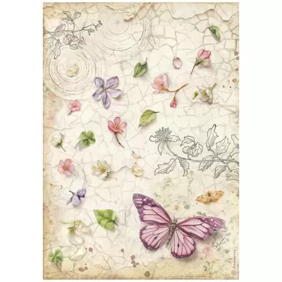 Desenho artístico de flores, folhas e uma borboleta rosa sobre fundo texturizado bege com padrão rachado