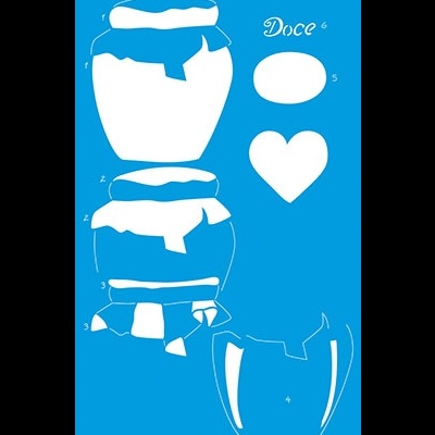 Desenho de três potes de compota, um coração, um oval e a palavra Doce sobre fundo azul