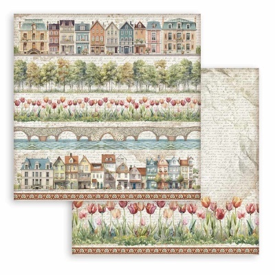 Papel decorativo com padrões de casas, árvores, tulipas e ponte de pedra