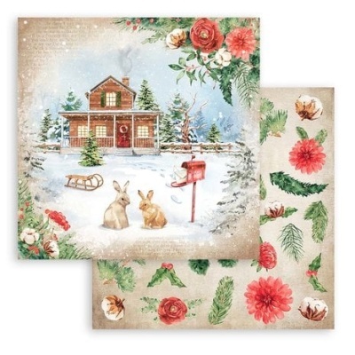 Papel decorativo natalício com casa na neve, lebres, trenó e flores vermelhas.