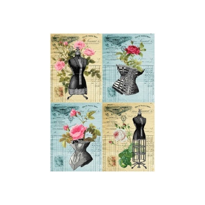 Quatro desenhos de manequins de costura com rosas e texto em fundo azul e bege