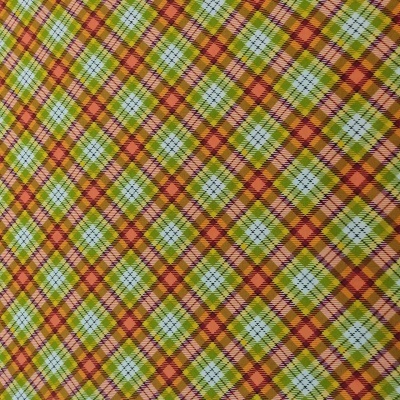 Tecido xadrez colorido com losangos verdes, laranja e branco
