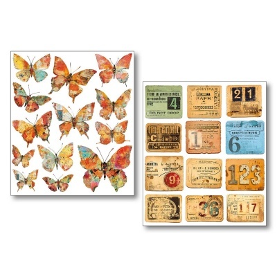 Estampas de borboletas coloridas e etiquetas vintage com números