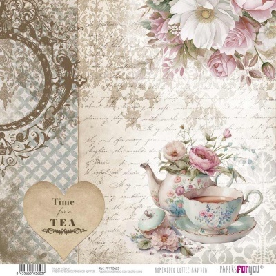 Chávena de chá, púcaro e bule em porcelana com flores, fundo vintage e texto 'Time for TEA'