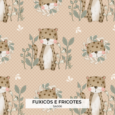 Tecido com estampa de jaguar e folhas em fundo xadrez bege