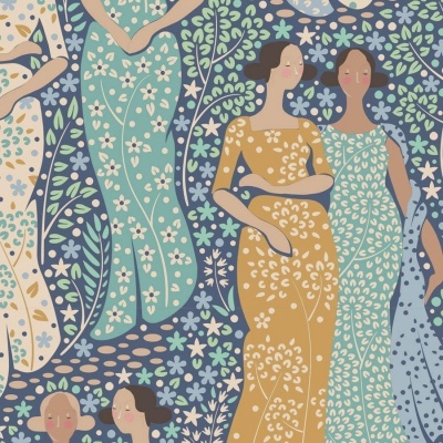 Ilustração de mulheres com vestidos florais em fundo azul escuro