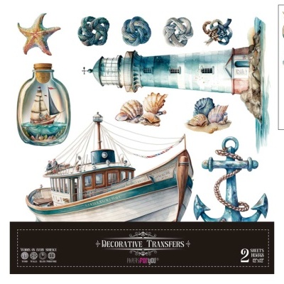 Transfers decorativos náuticos aquarela farol barco âncora nó marinho conchas