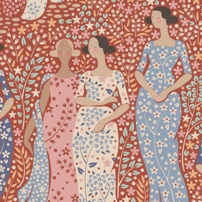 Ilustração de três mulheres com vestidos florais em fundo castanho com padrão floral