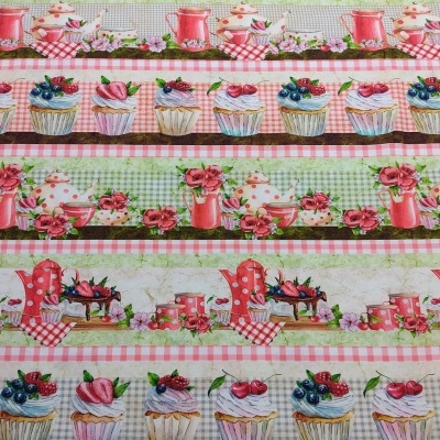 Tecido estampado com desenhos de chávenas, regadores, flores e cupcakes coloridos em faixas horizontais