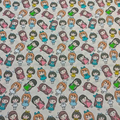 tecido com padrão repetido de ilustrações coloridas de meninas em fundo branco