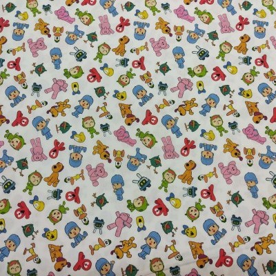 Pano de tecido branco com padrão de desenhos animados coloridos repetidos