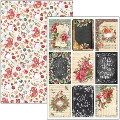 Folhas de papel decorativo natalício com motivos de sinos, flores, pássaros e textos em inglês