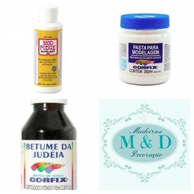 Produtos de artesanato Mod Podge, Pasta para Modelagem CORFIX, Betume da Judeia CORFIX e logo Madeiras M&D Decoração