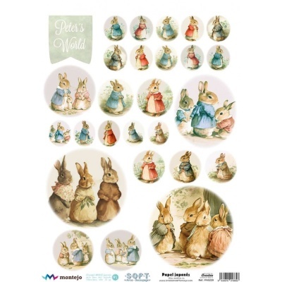 Etiquetas decorativas com ilustrações vintage de coelhos e texto 'Peter's World'