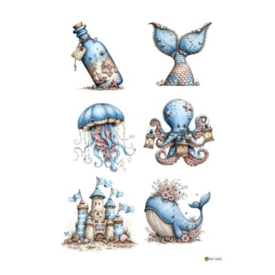 Ilustrações marinhas em azul e rosa com garrafa, cauda de sereia, água-viva, polvo, castelo e baleia com flores.