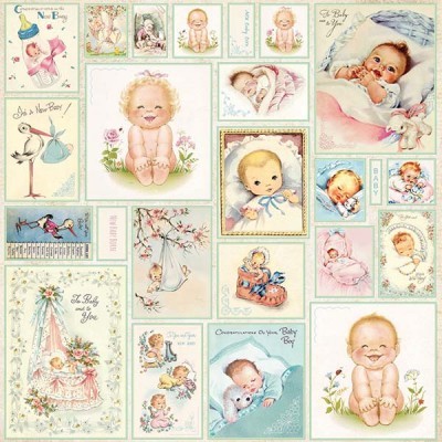 Cartões decorativos com desenhos de bebés e textos em inglês