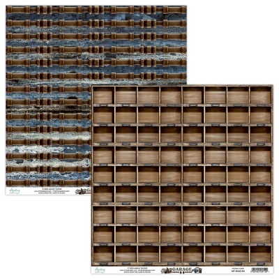 Papel scrapbook com padrão de correntes metálicas e caixas de madeira organizadoras