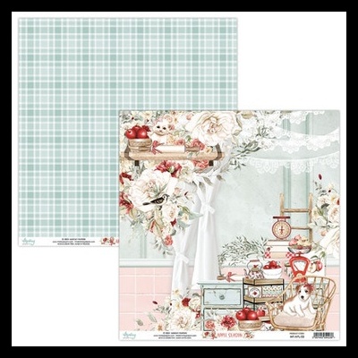 Folhas de papel decorativo para scrapbooking com padrão xadrez azul claro e ilustração vintage de cozinha