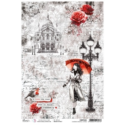 Imagem decorativa com monumento Sacré-Cœur, mulher com guarda-chuva vermelho e flores vermelhas