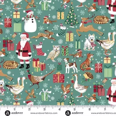 tecido padrão natalício com Papai Noel, animais, presentes, árvores e flocos de neve
