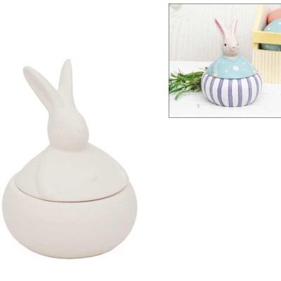 Recipiente em cerâmica com tampa de coelho branco e base redonda branca