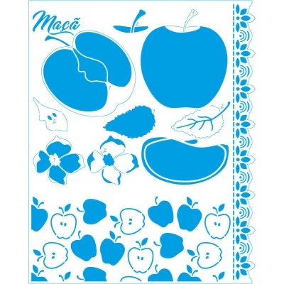 Ilustração azul e branca de maçãs, flores e folhas com texto 'Maçã'