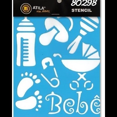 Estêncil azul com desenhos de bebês e texto 'Bebê' da marca ATILA em embalagem preta.