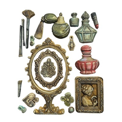 Artigos vintage de maquilhagem e beleza com espelho dourado ornado.