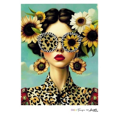 Ilustração de mulher com óculos de estampa leopardo e flores no cabelo