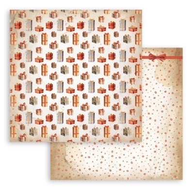 Papel decorativo para embrulho com padrão de caixas de presente e bolinhas pequenas com laço vermelho.