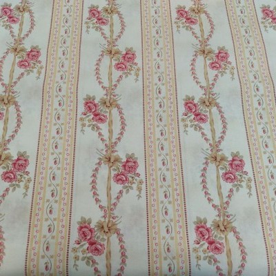 Tecido estampado floral com listras bege e detalhes em amarelo